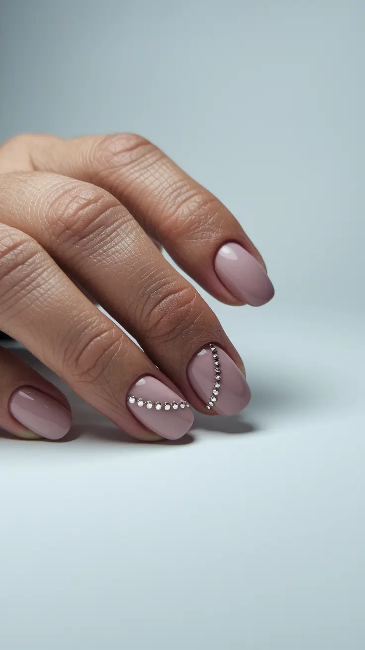 2025 Fall Manicure Ideas Nude Elegance with Rhinestone Lines