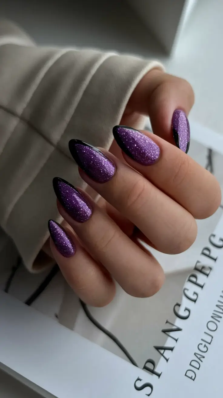 2025 Fall Manicure Ideas Sparkling Purple with Black Edges