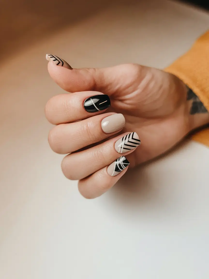 2025 Fall Manicure Ideas Geometric Black and Nude Contrast