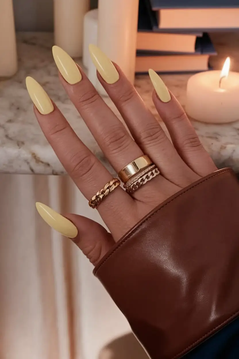 2025 Fall Manicure Ideas Soft Yellow Almond Glow