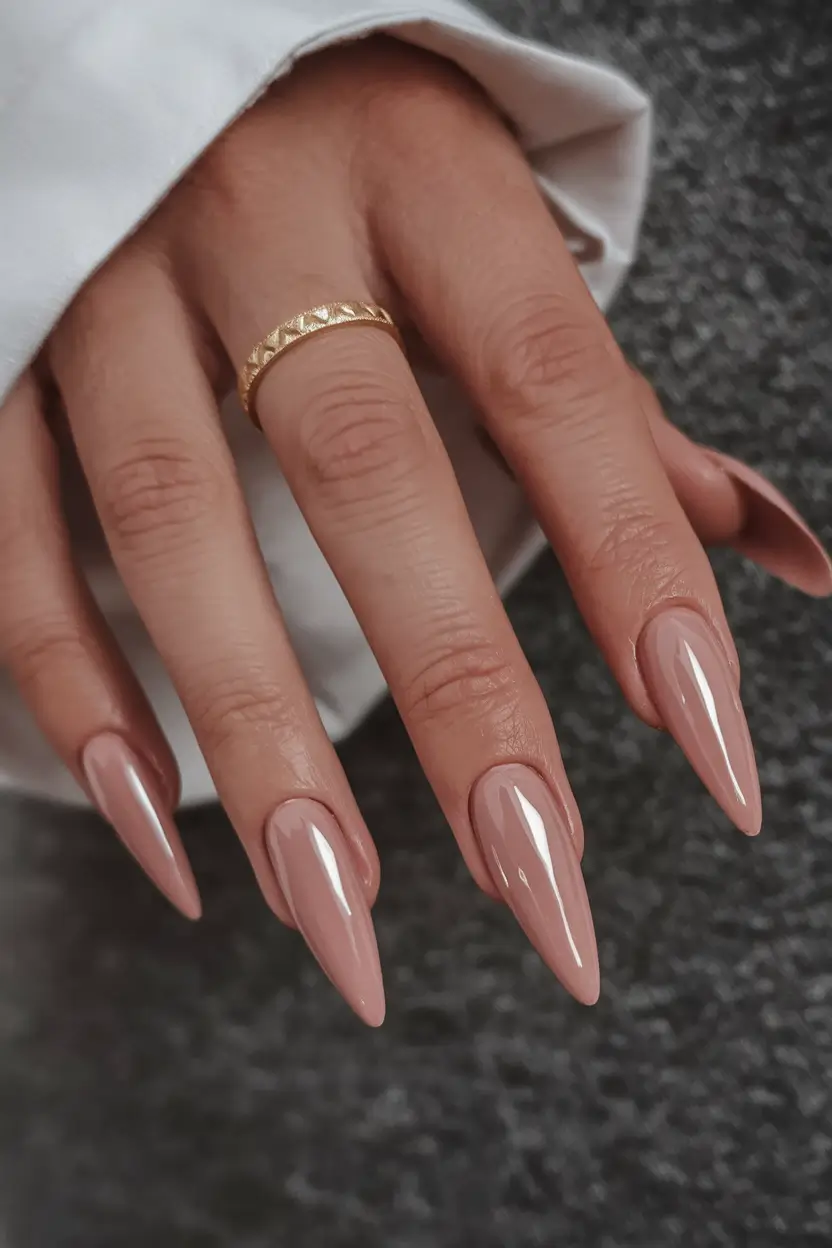 2025 Fall Manicure Ideas Glossy Nude Stiletto Nails