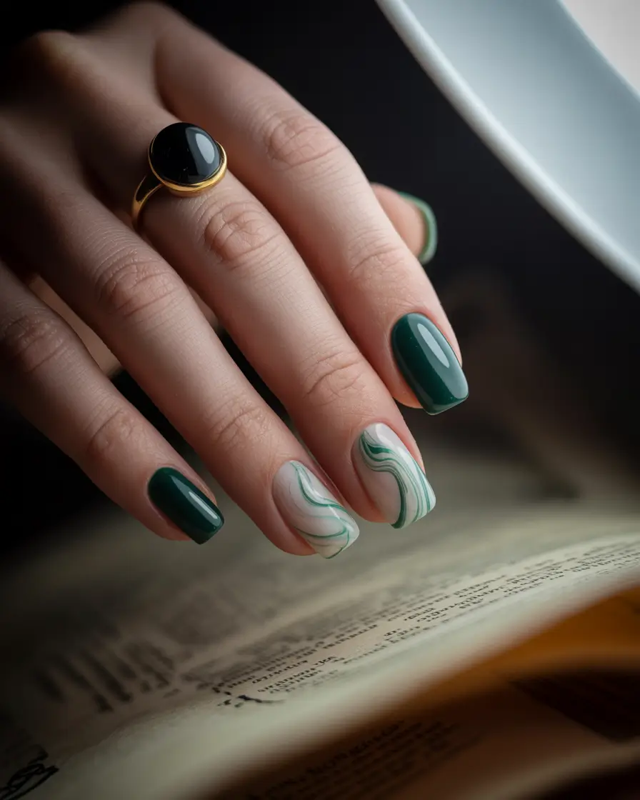 2025 Fall Manicure Ideas Emerald Green with Marble Accent