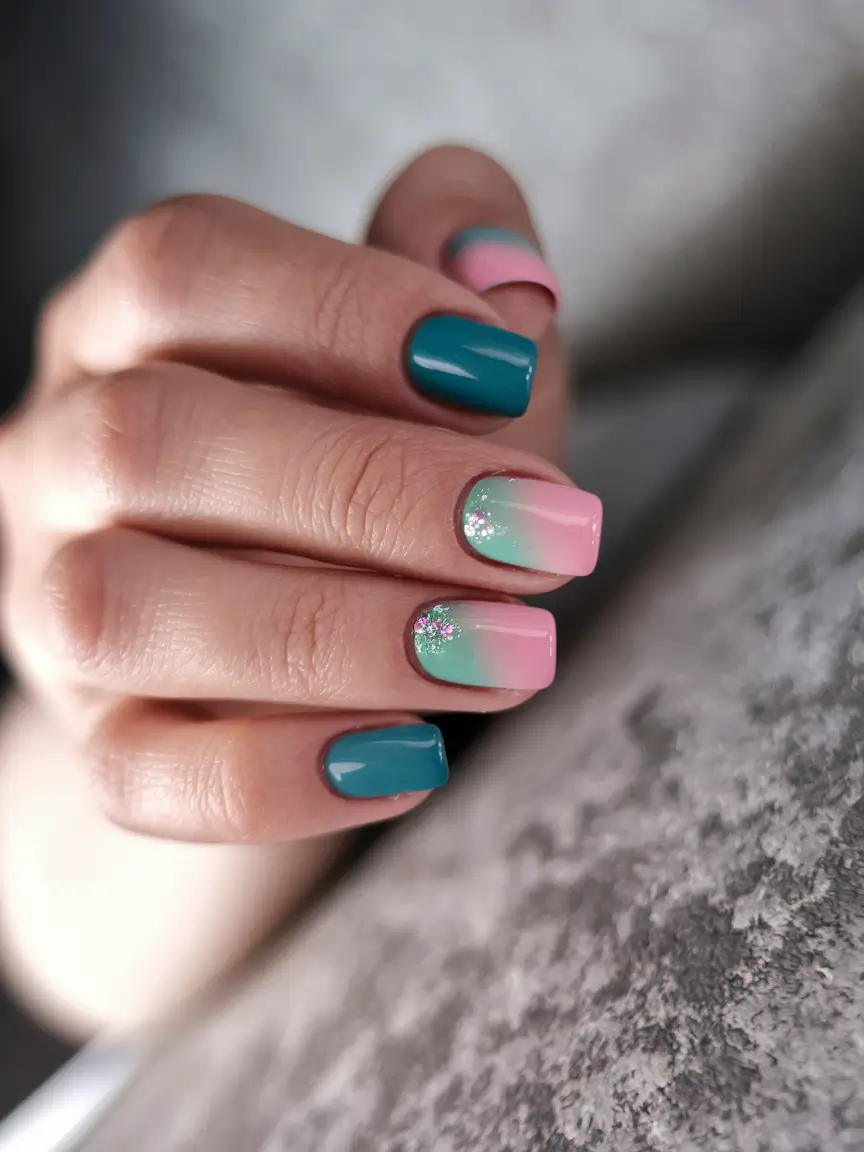 2025 Fall Manicure Ideas Two-Tone Ombre with Glitter Accents