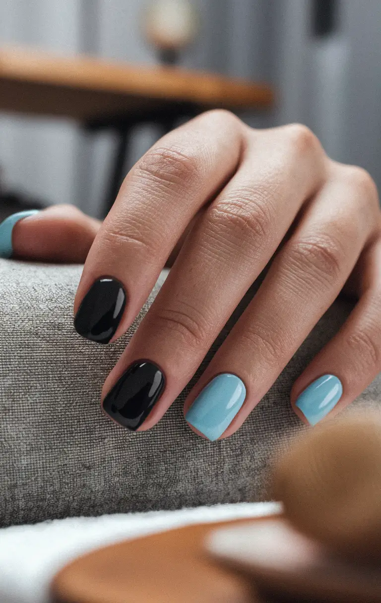 2025 Fall Manicure Ideas Modern Contrast Black and Sky Blue