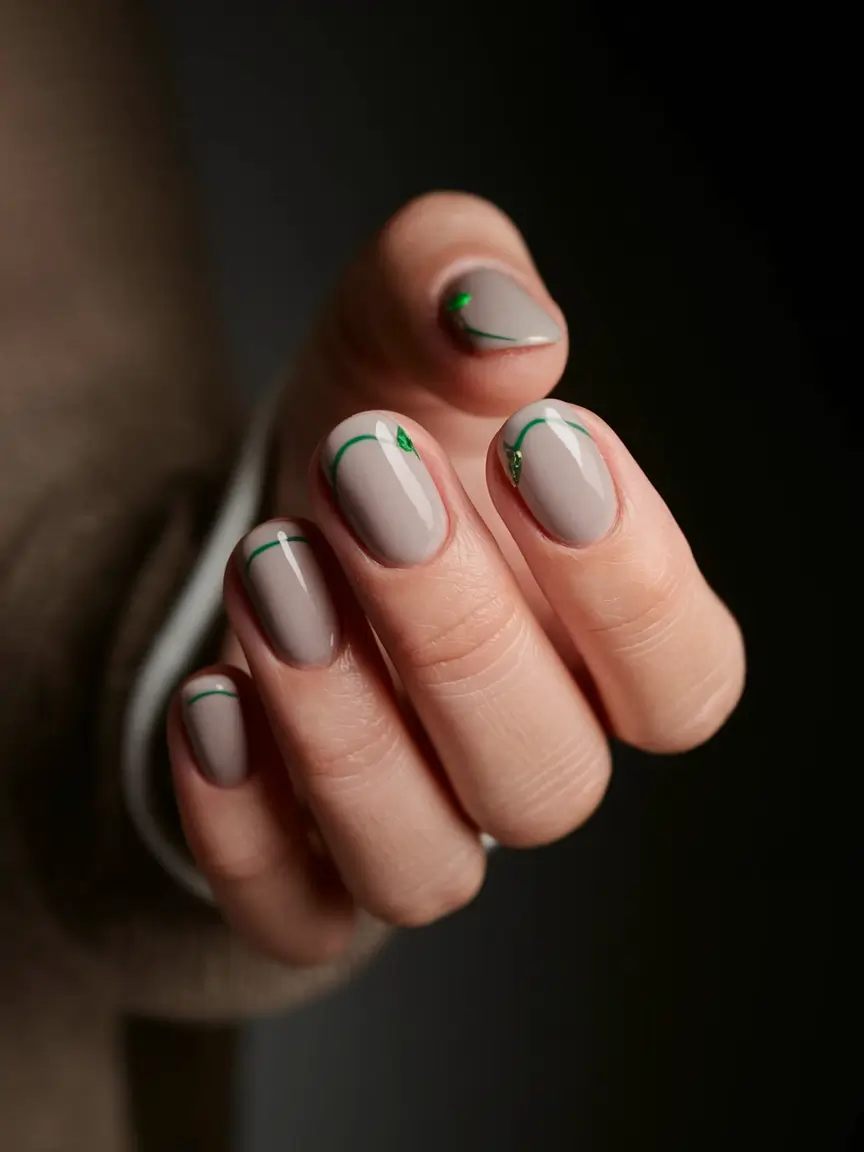 2025 Fall Manicure Ideas Minimalist Taupe with Green Accents