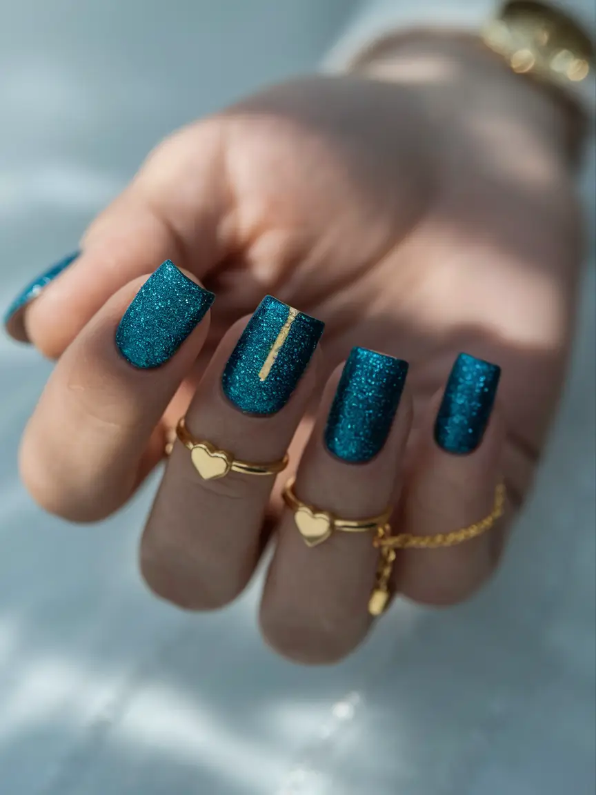 2025 Fall Manicure Ideas Glittering Teal Squares with Gold Accent
