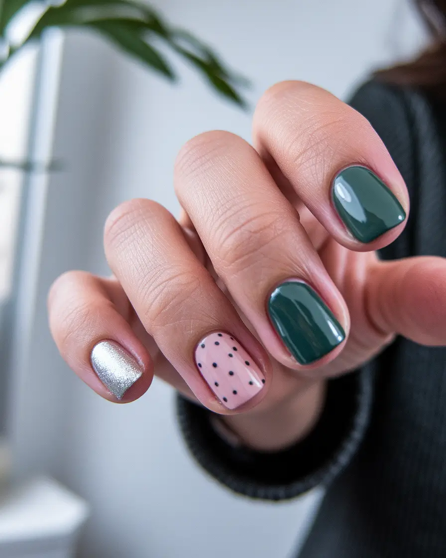 2025 Fall Manicure Ideas Playful Mix with Dots and Metallics