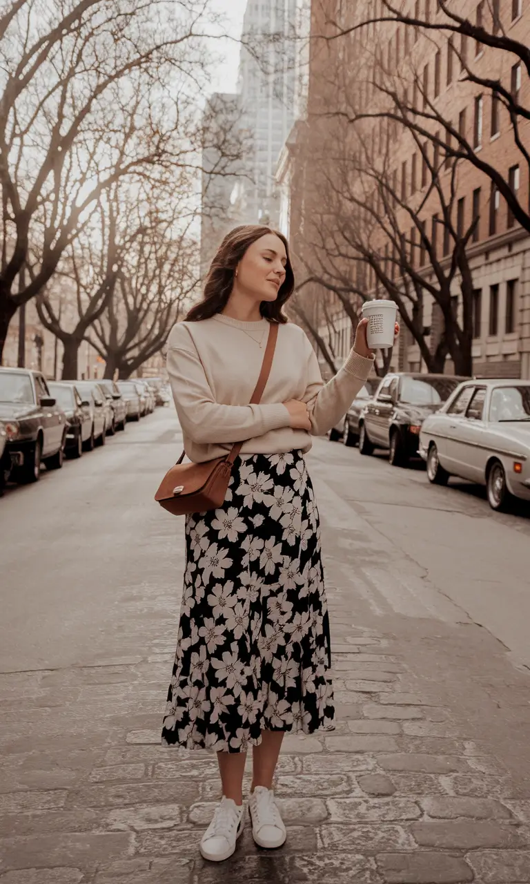 everyday fall outfits ideas 2025 Floral Skirt and Soft Knit Simplicity