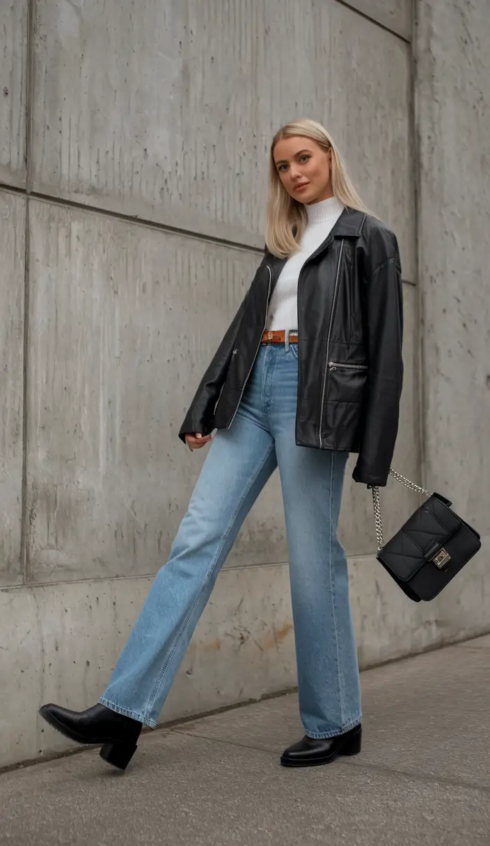 fall fashion outfits ideas 2025 Leather and Denim Balance