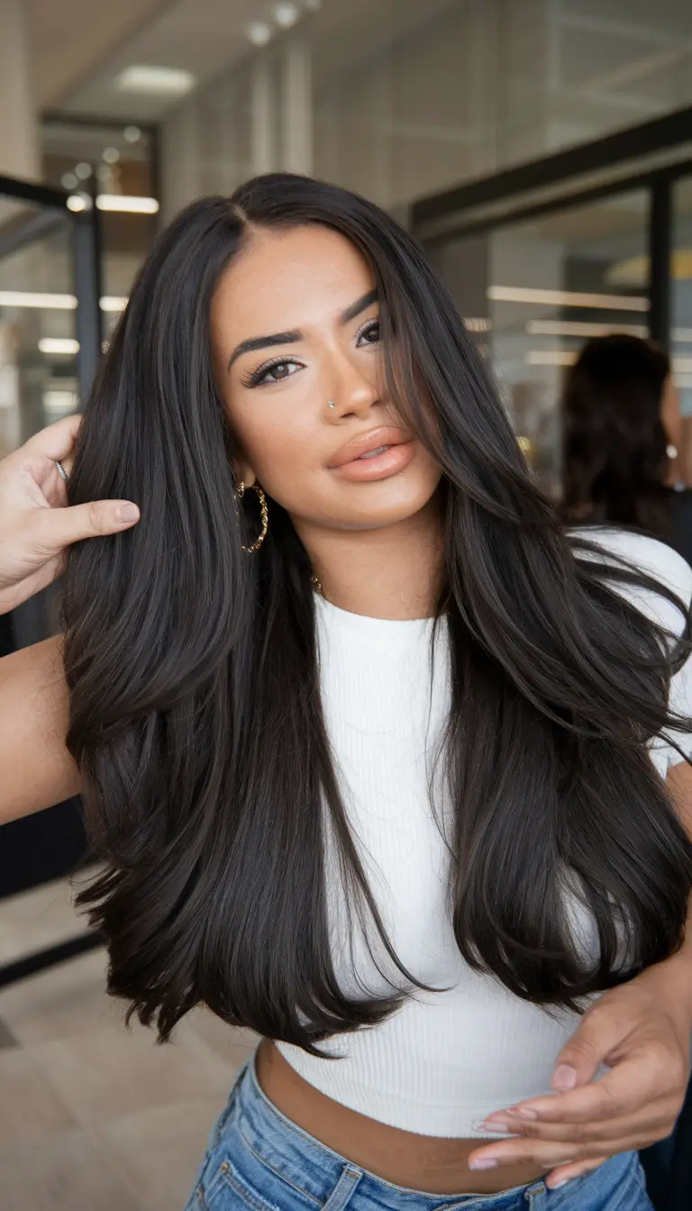 Fall Hair Color Ideas for Brunette 2025 Glossy Dark Brunette with Long Layers