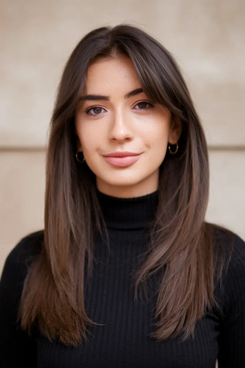 Fall Hair Color Ideas for Brunette 2025 Layered Medium Brunette with Curtain Bangs