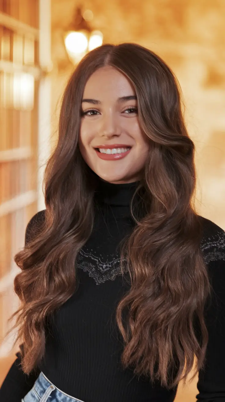 Fall Hair Color Ideas for Brunette 2025 Romantic Long Brunette Waves