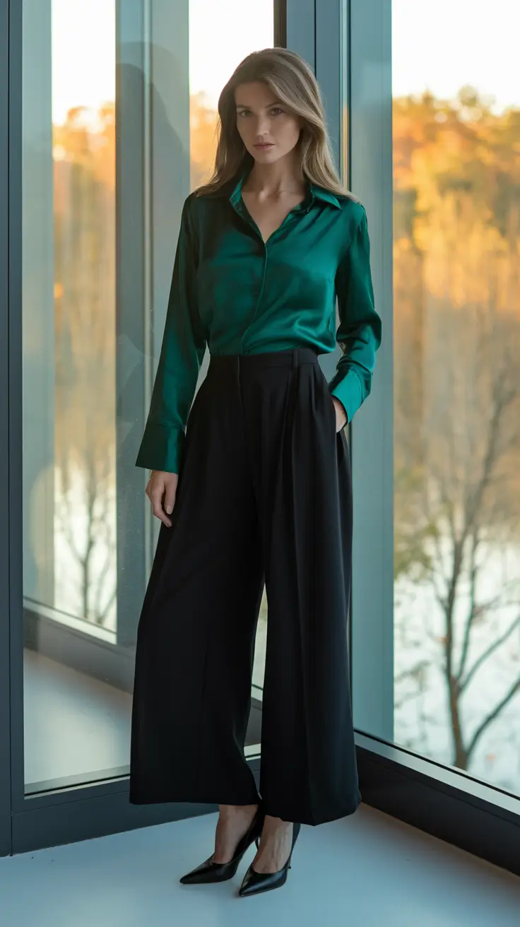 fall office outfits for women ideas 2025 Emerald Green Satin Blouse with Black Trousers
