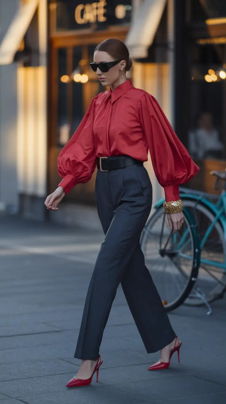 fall office outfits for women ideas 2025 Red Statement Blouse with Tailored Trousers
