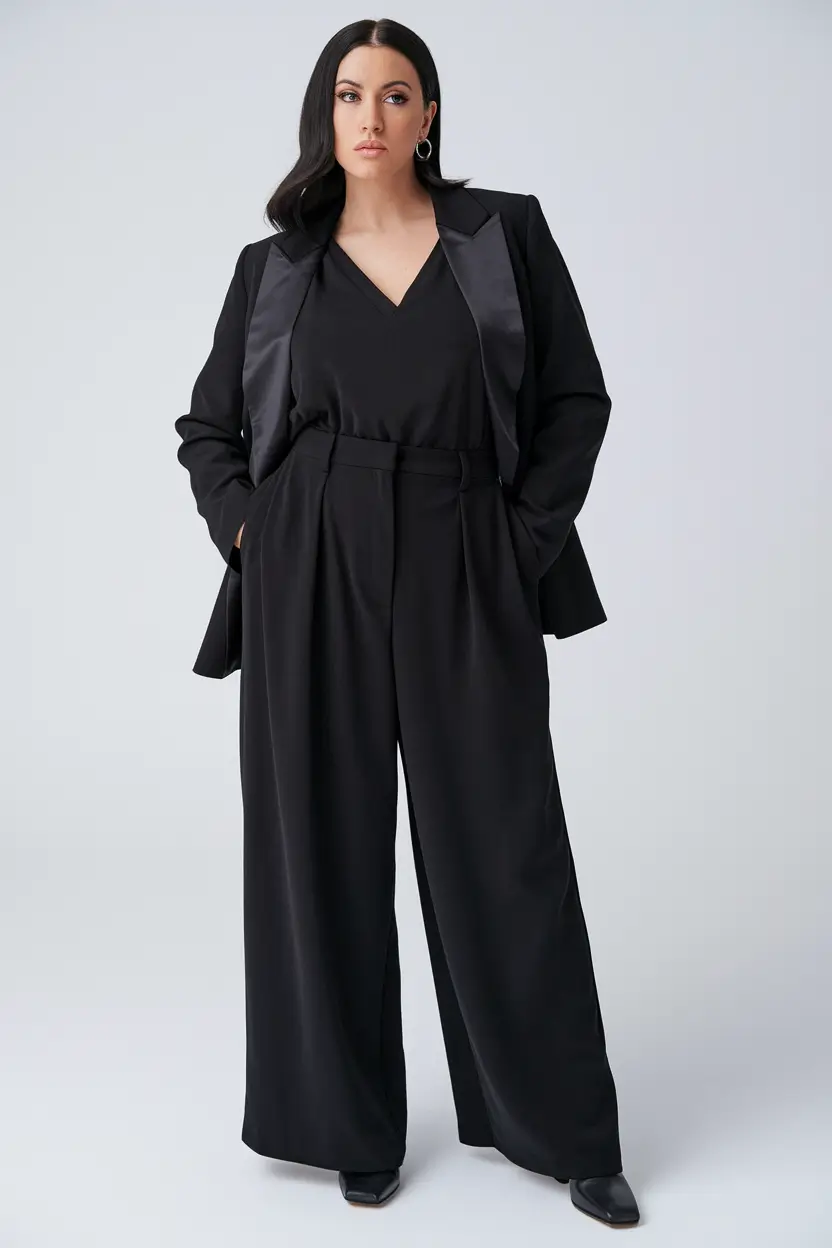 fall office outfits for women ideas 2025 All-Black Power Suit for Plus Size Elegance