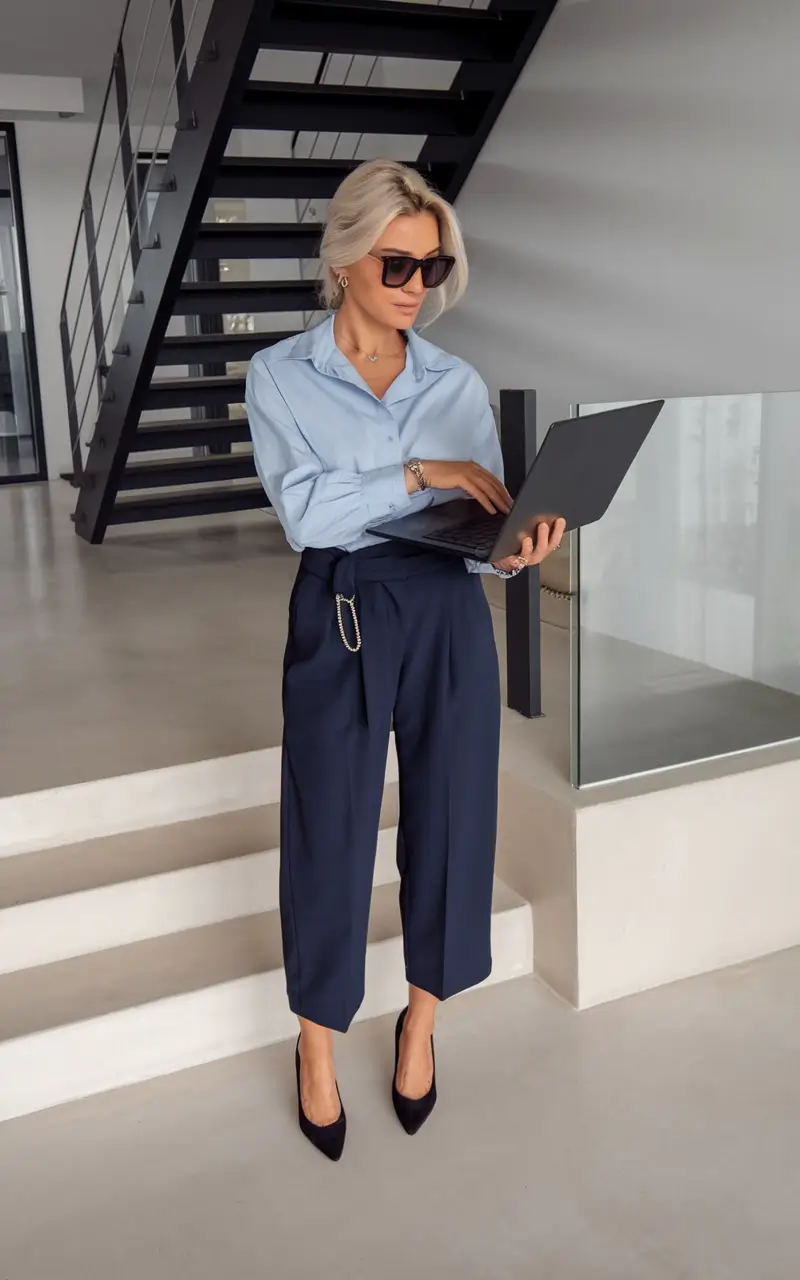 fall office outfits for women ideas 2025 Classic Blue Shirt with Navy Cropped Trousers