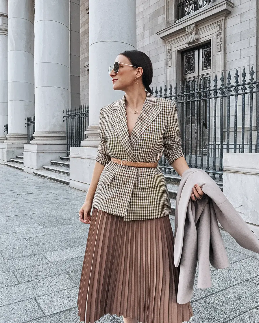 fall office outfits for women ideas 2025 Double-Breasted Navy Suit with White Tee