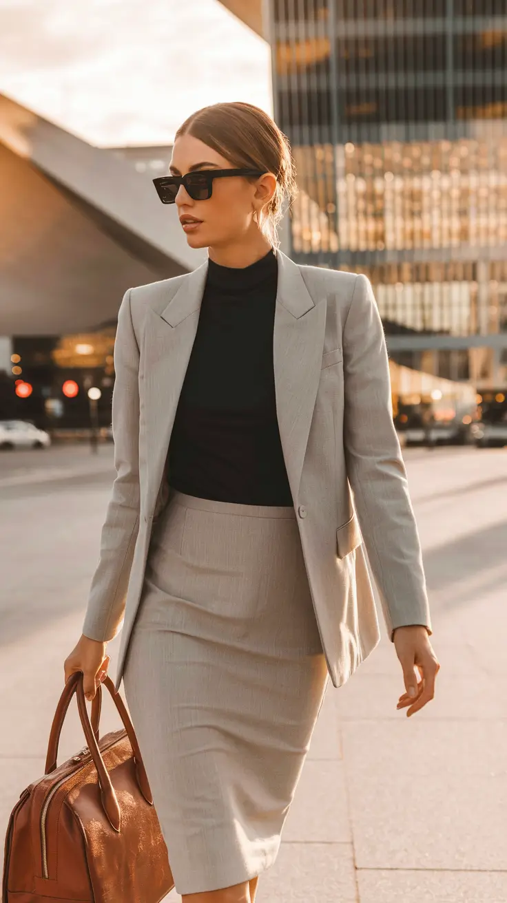fall office outfits for women ideas 2025 Polished Skirt Suit with Sleek Neutrals