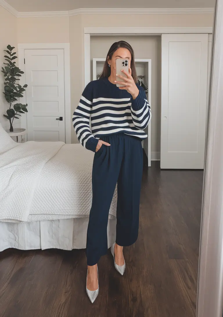 fall office outfits for women ideas 2025 Navy Stripes for Casual Chic Fridays