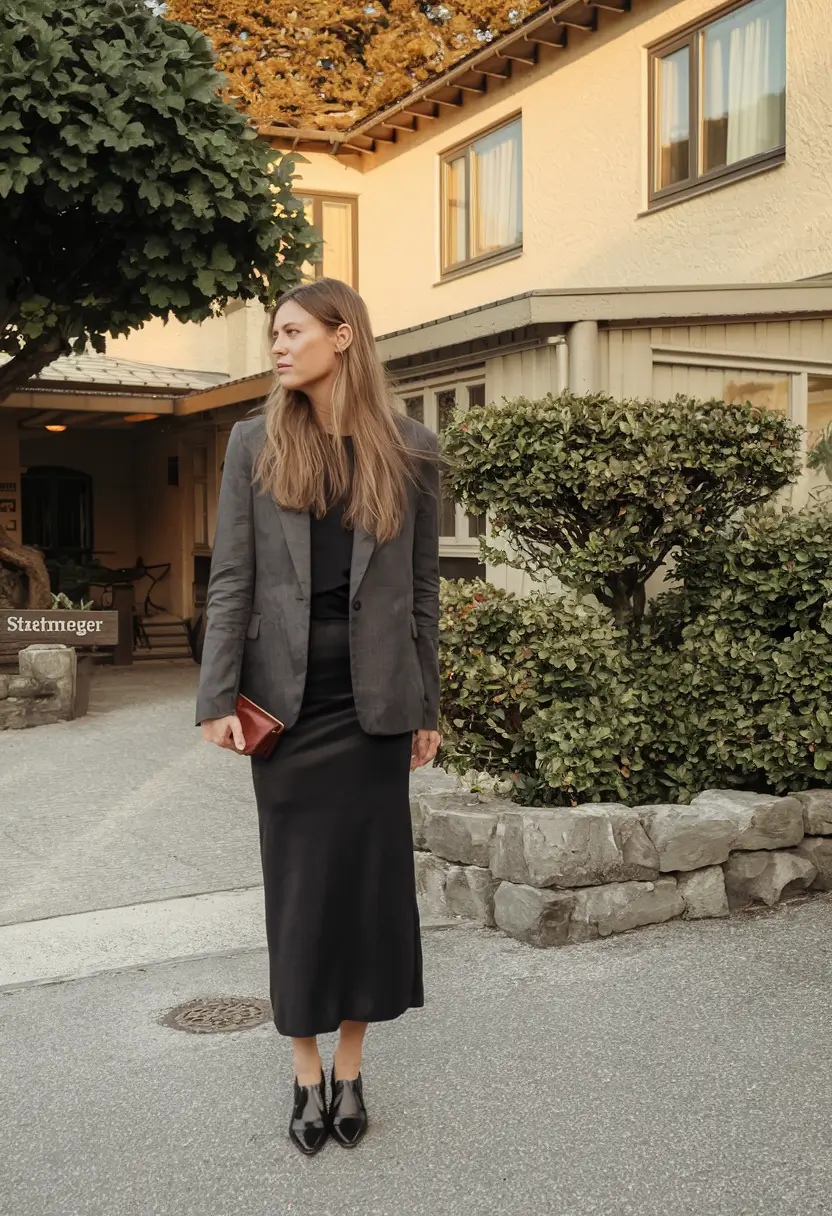 fall office outfits for women ideas 2025 Black Midi Skirt with Blazer Confidence