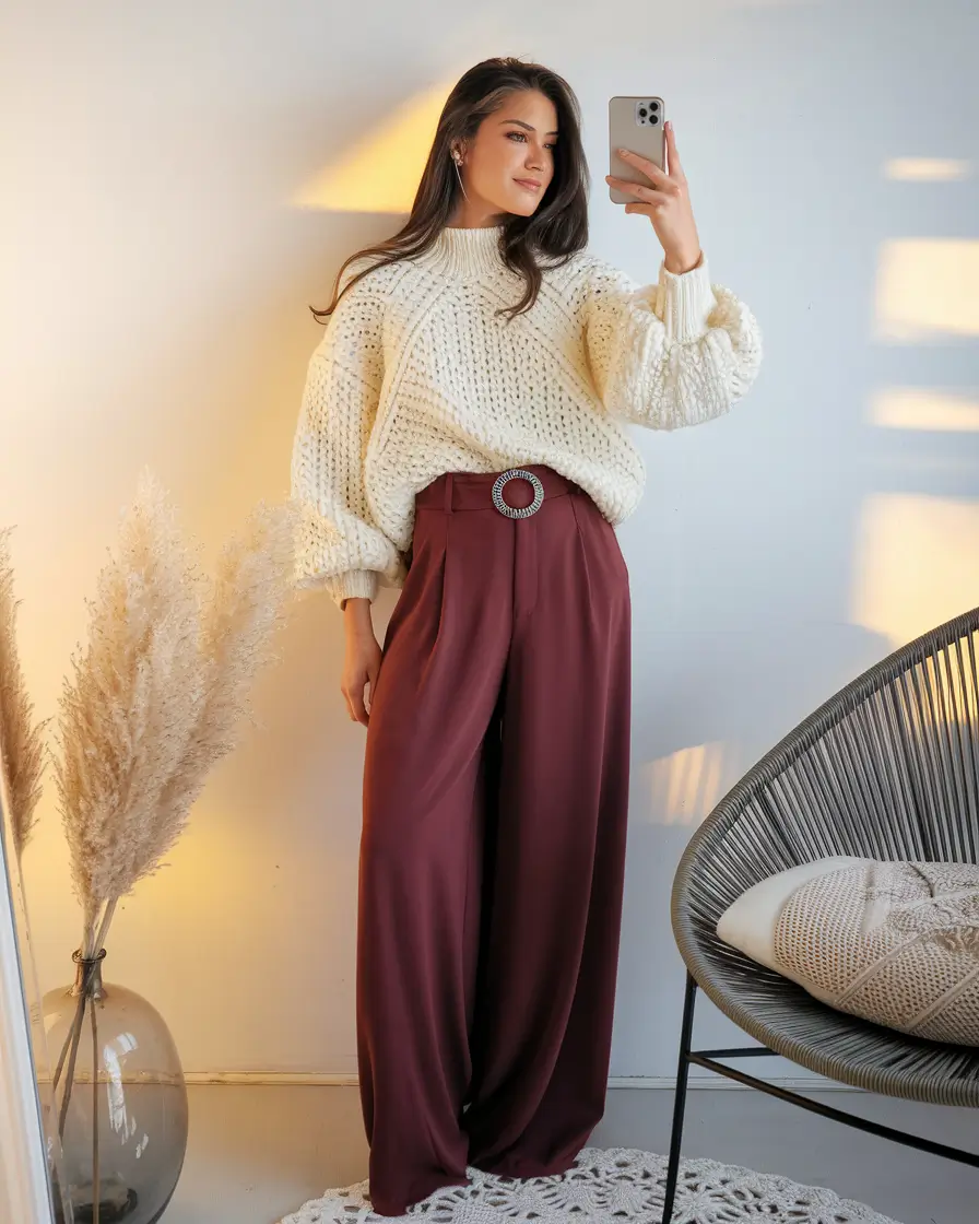 fall office outfits for women ideas 2025 Burgundy Wide-Leg Pants with Cozy Sweater