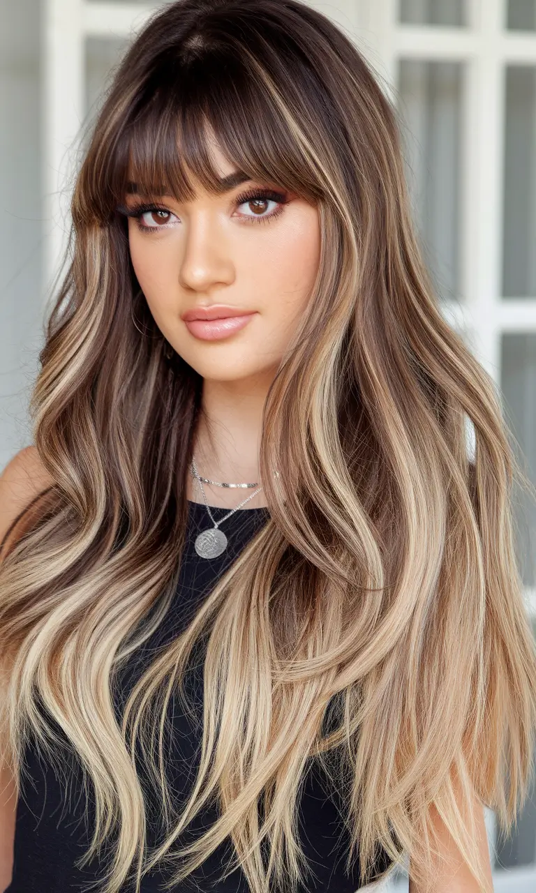 Golden Fall Hair Color for Blondes in 2025 Long Caramel Blonde with Bangs