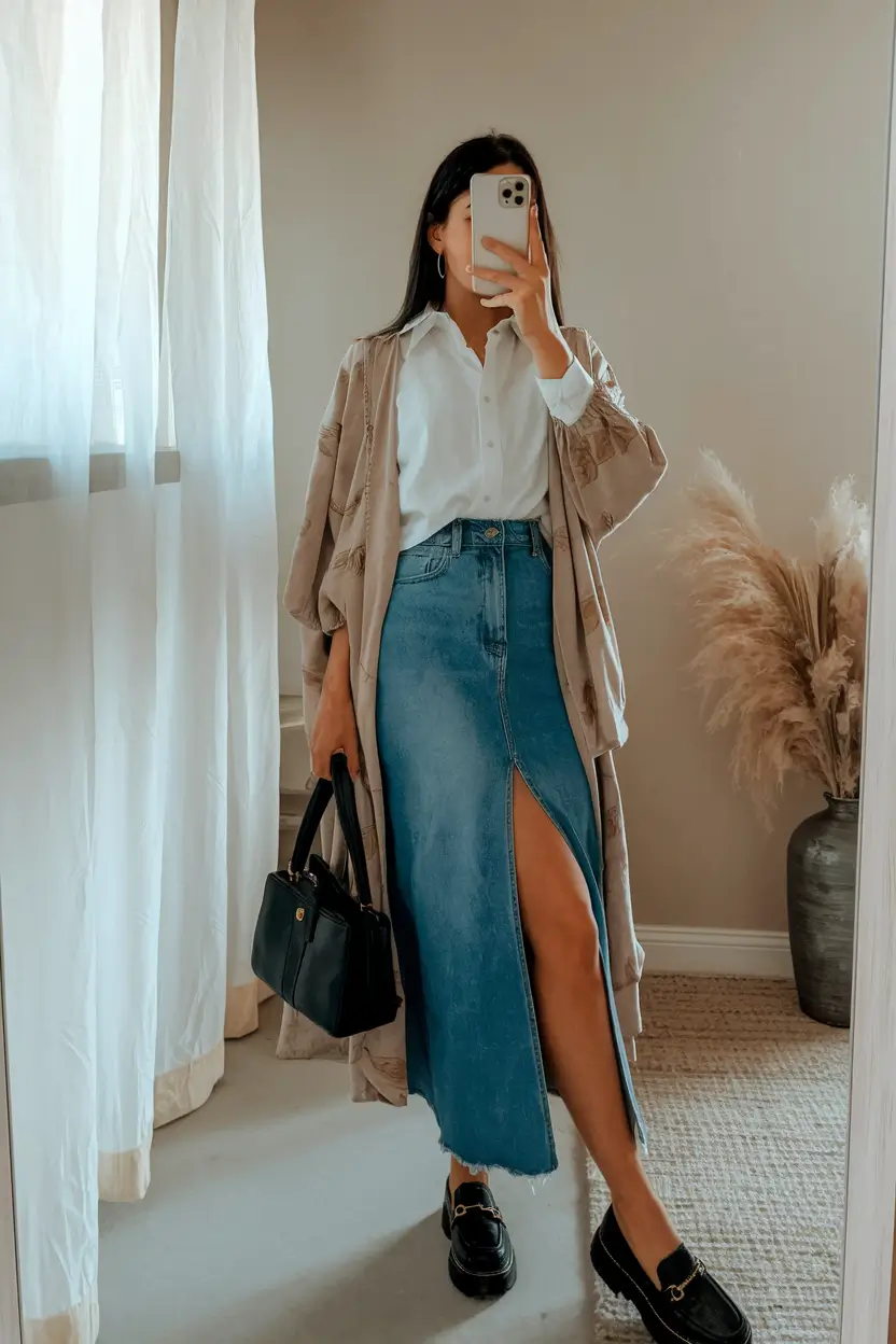 new fall fashion clothes ideas 2025 Denim Skirt Elegance with Classic Layers