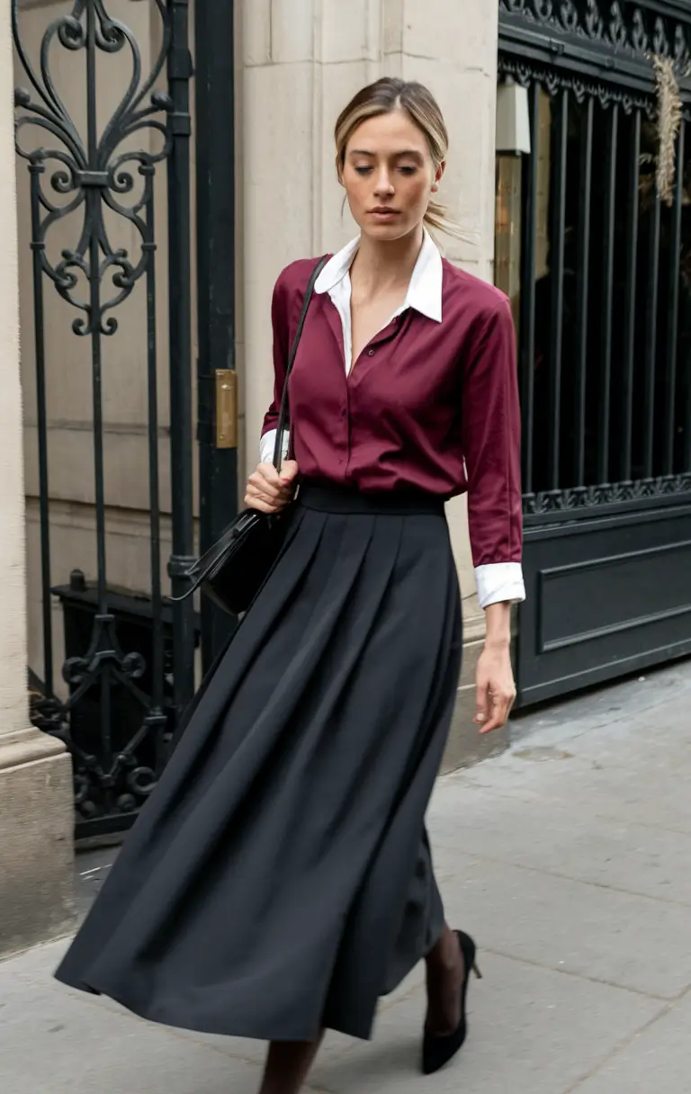 new fall fashion clothes ideas 2025 Wine-Toned Blouse with Flowing Skirt
