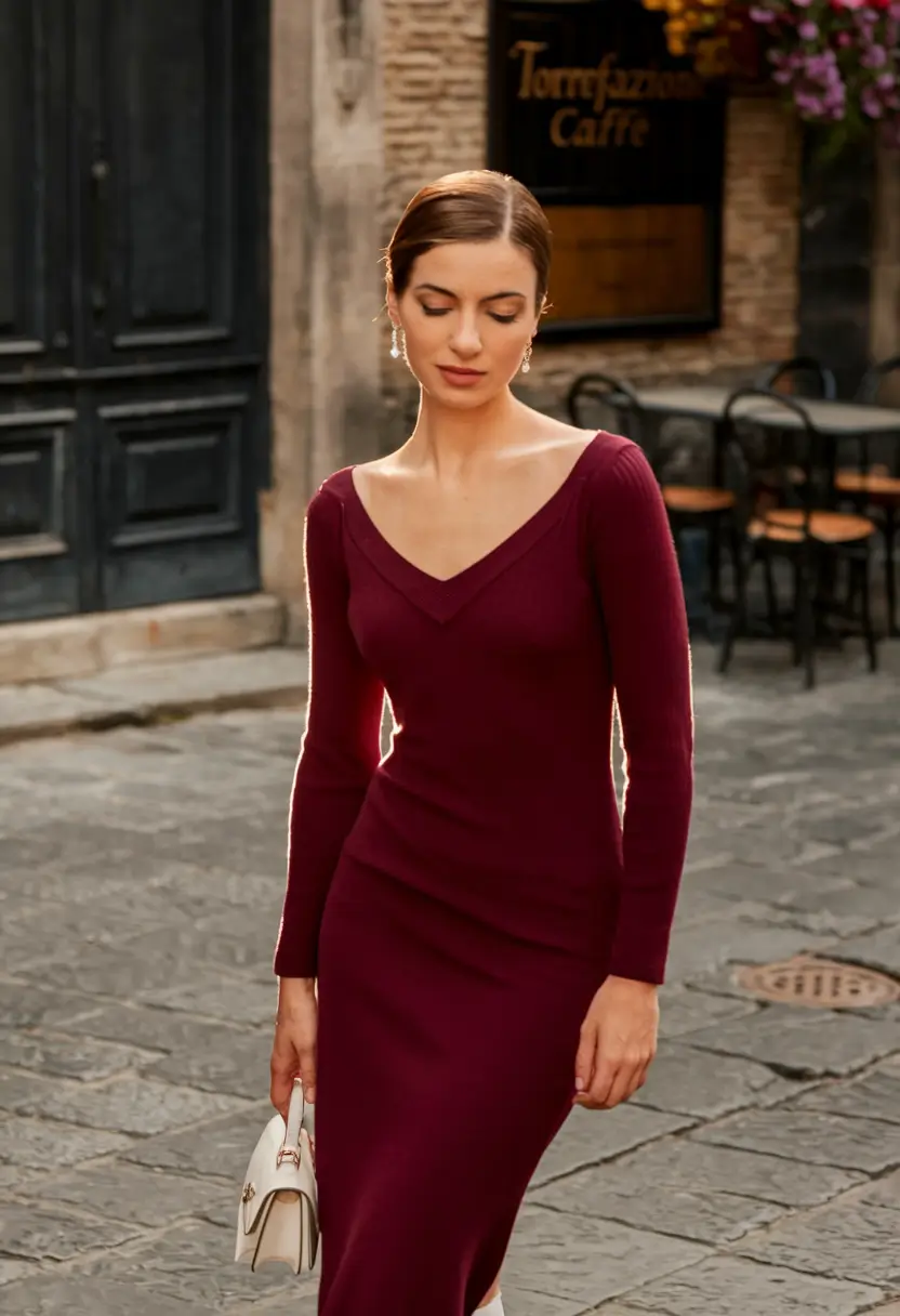 new fall fashion clothes ideas 2025 Burgundy Knit Dress with Refined Minimalism