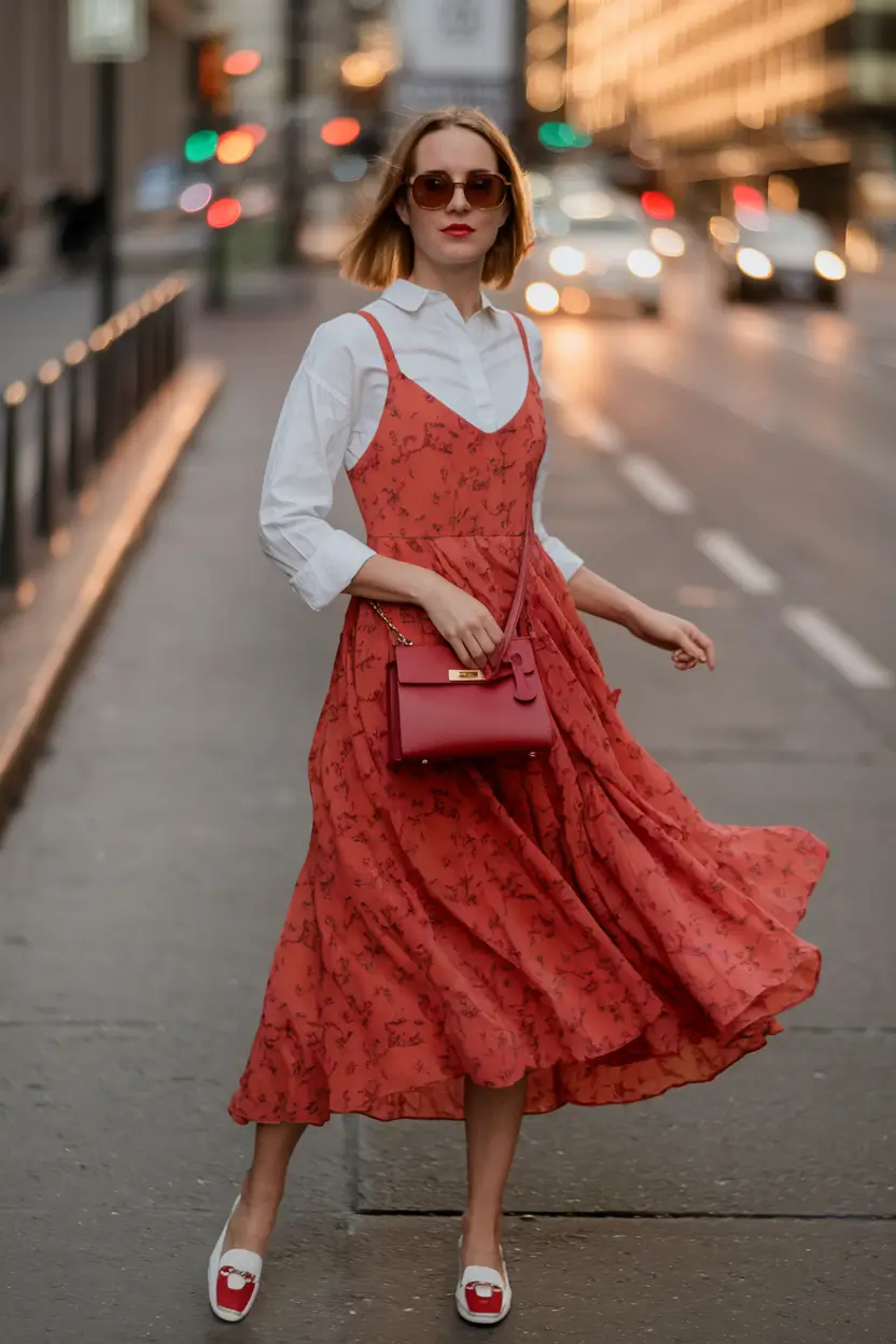 new fall fashion clothes ideas 2025 Layered Red Slip Dress Over Crisp Shirt