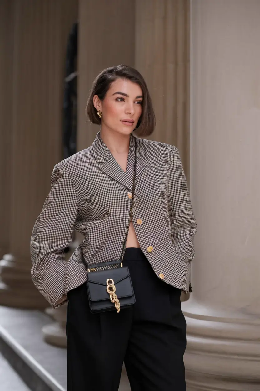 new fall fashion clothes ideas 2025 Cropped Checked Blazer with Tailored Trousers