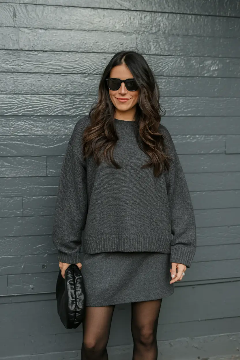 new fall fashion clothes ideas 2025 Charcoal Knit Co-Ord with Mini Skirt