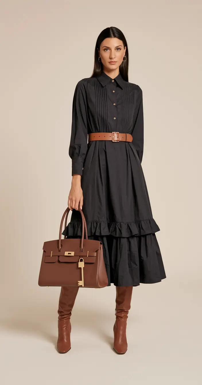 new fall fashion clothes ideas 2025 Black Shirt Dress with Cognac Accessories