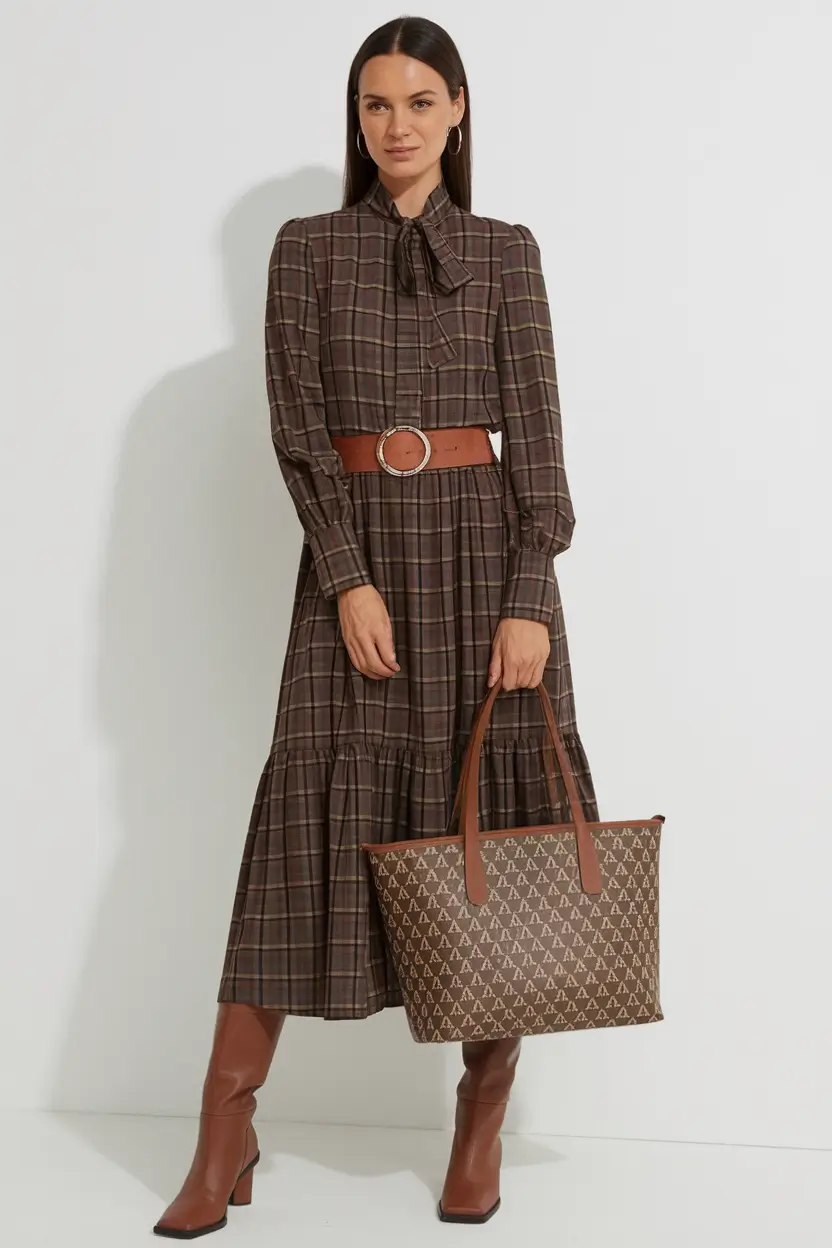 new fall fashion clothes ideas 2025 Plaid Bow-Neck Midi with Cinnamon Accents