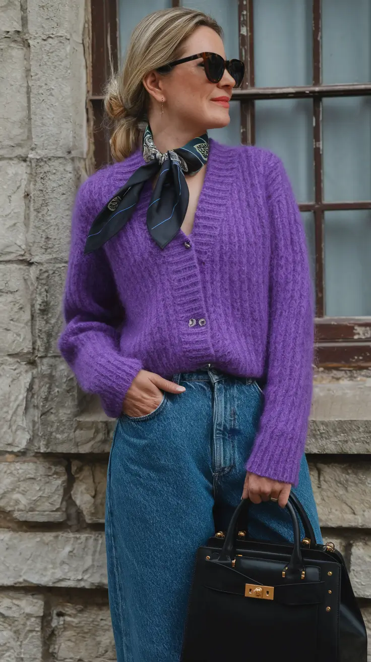 new fall fashion clothes ideas 2025 Violet Cardigan with Silk Scarf and Denim
