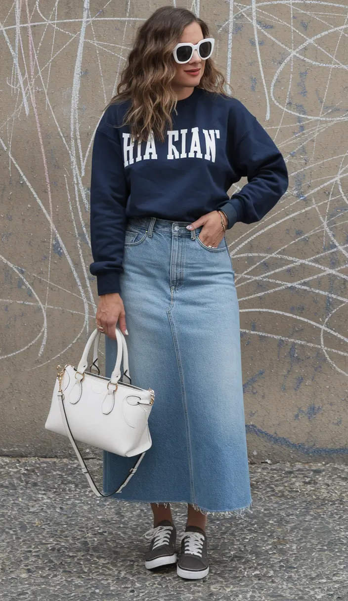 new fall fashion clothes ideas 2025 Denim Maxi with Collegiate Sweatshirt