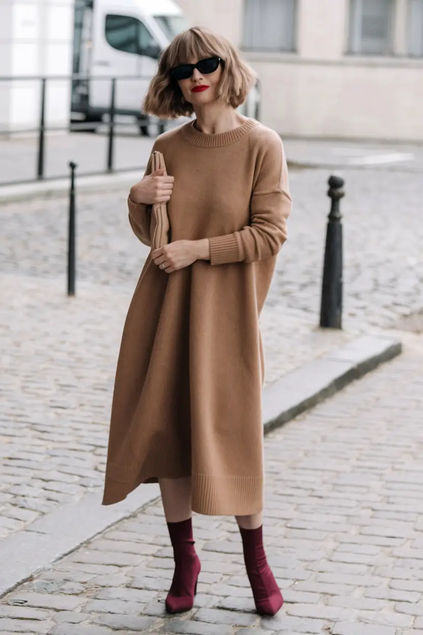 new fall fashion clothes ideas 2025 Minimalist Knitted Dress in Warm Tones