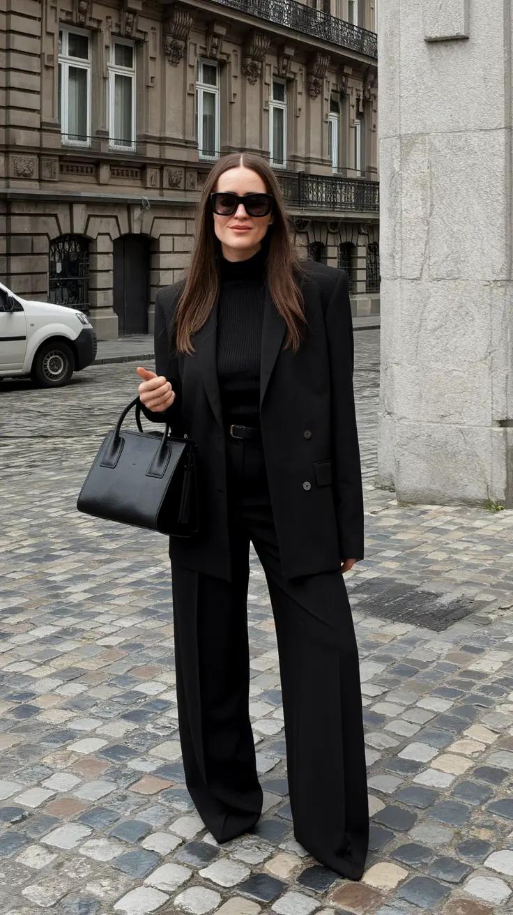 new fall fashion clothes ideas 2025 Sharp Monochrome Black Suit