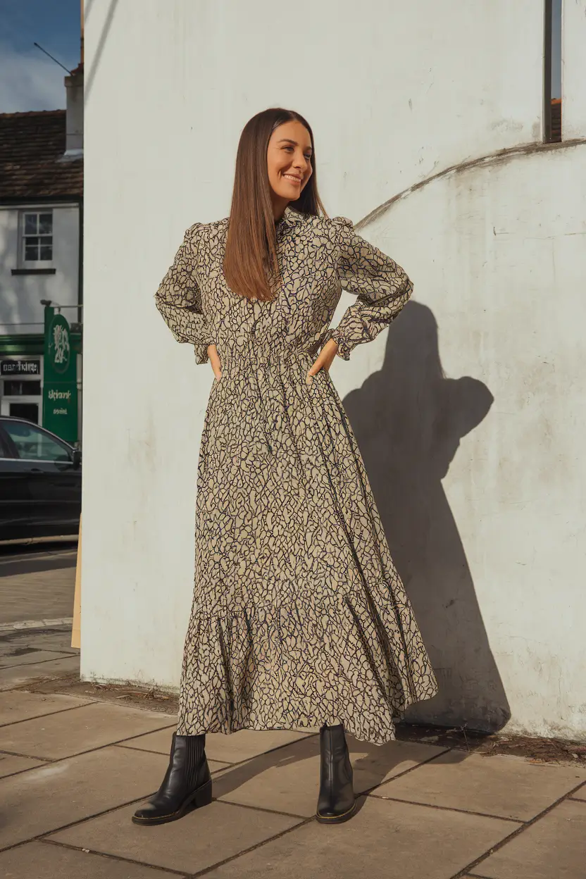 new fall fashion clothes ideas 2025 Printed Maxi Dress with Modern Boots