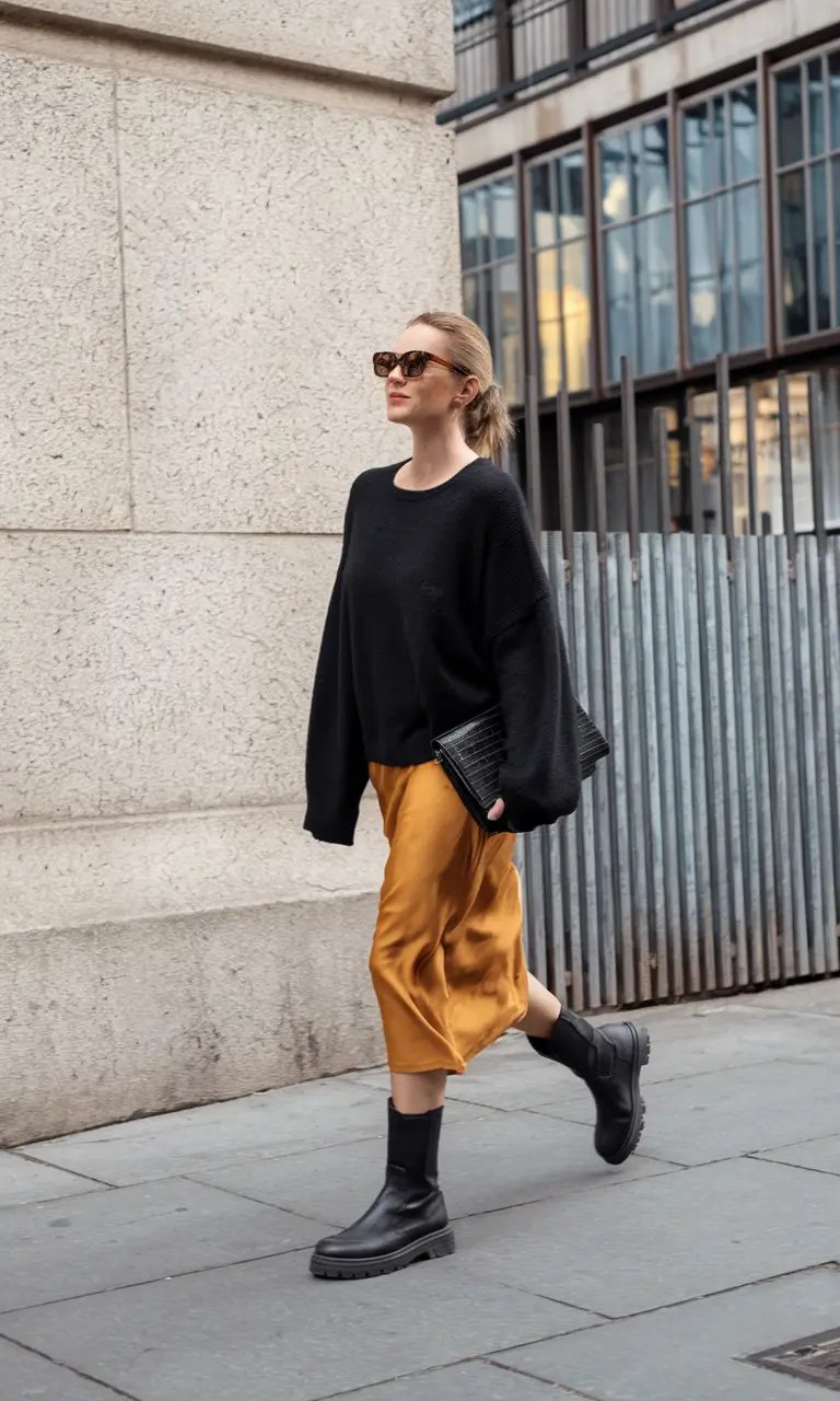 new fall fashion clothes ideas 2025 Satin Skirt with Cozy Knit Contrast