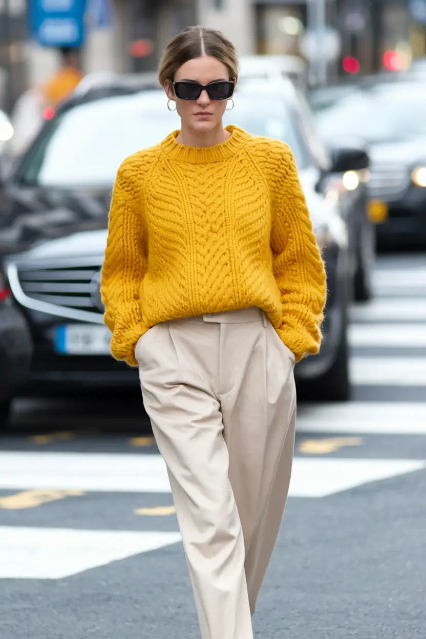 new fall fashion clothes ideas 2025 Bright Mustard Knit with Neutral Tailoring