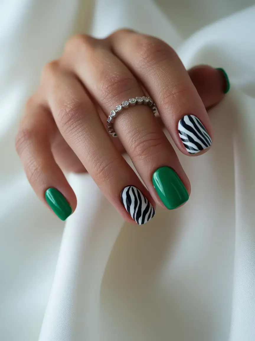Trendy Early Fall Nails Ideas 2025 Modern Zebra Meets Emerald Green
