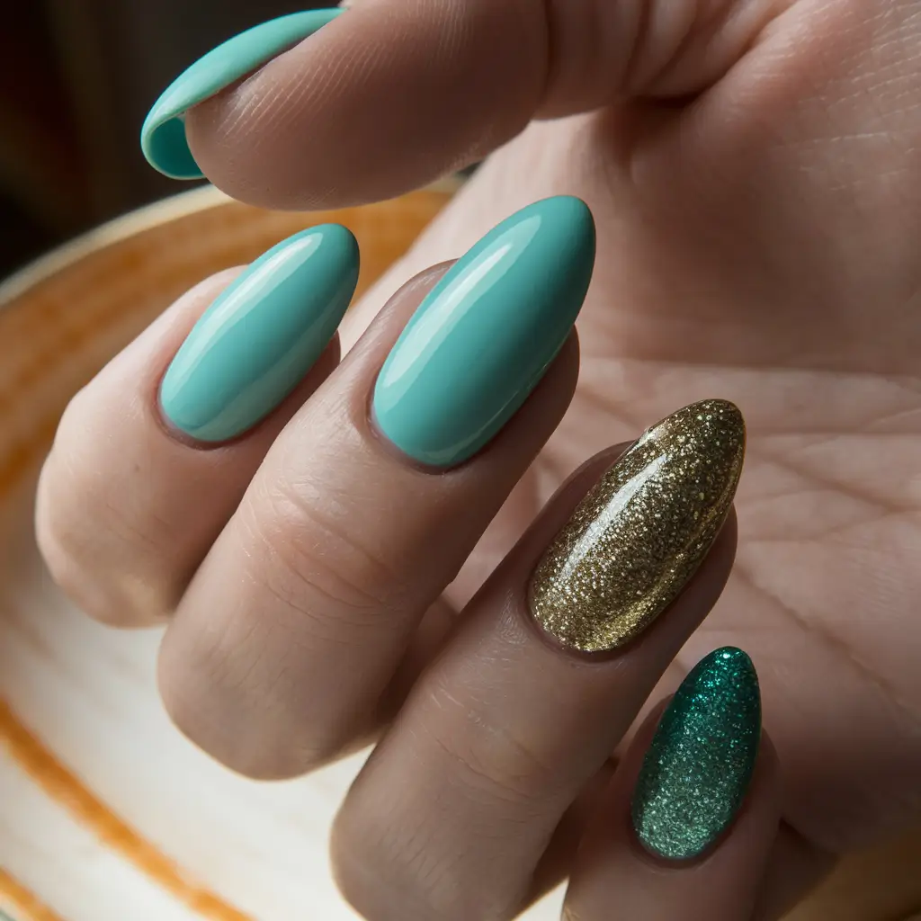 Trendy Early Fall Nails Ideas 2025 Turquoise and Glitter Accent