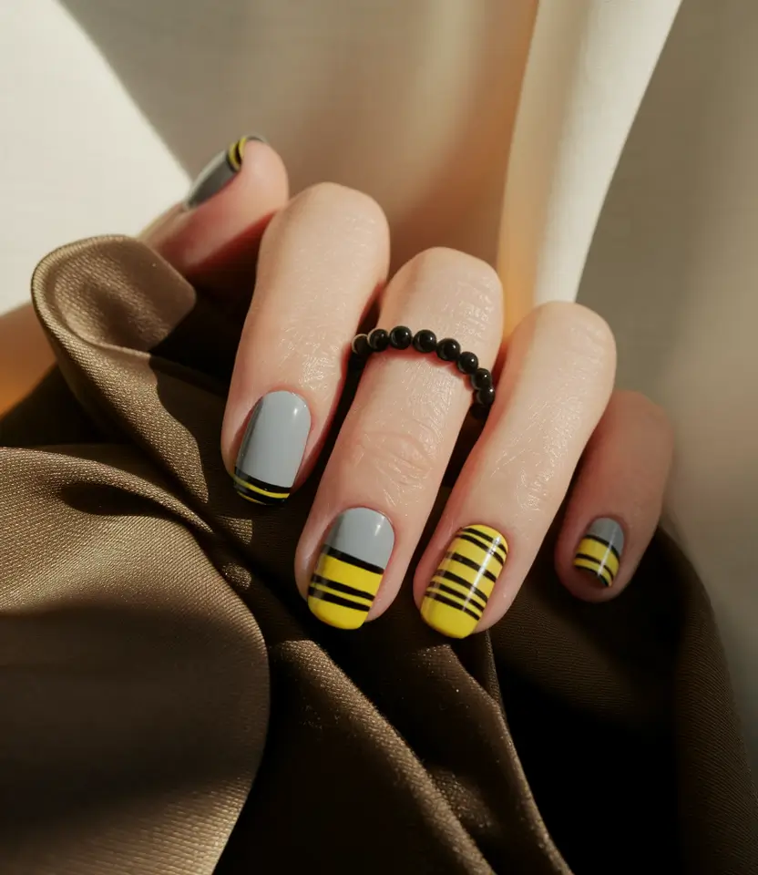 Trendy Early Fall Nails Ideas 2025 Striped Grey and Yellow Contrast