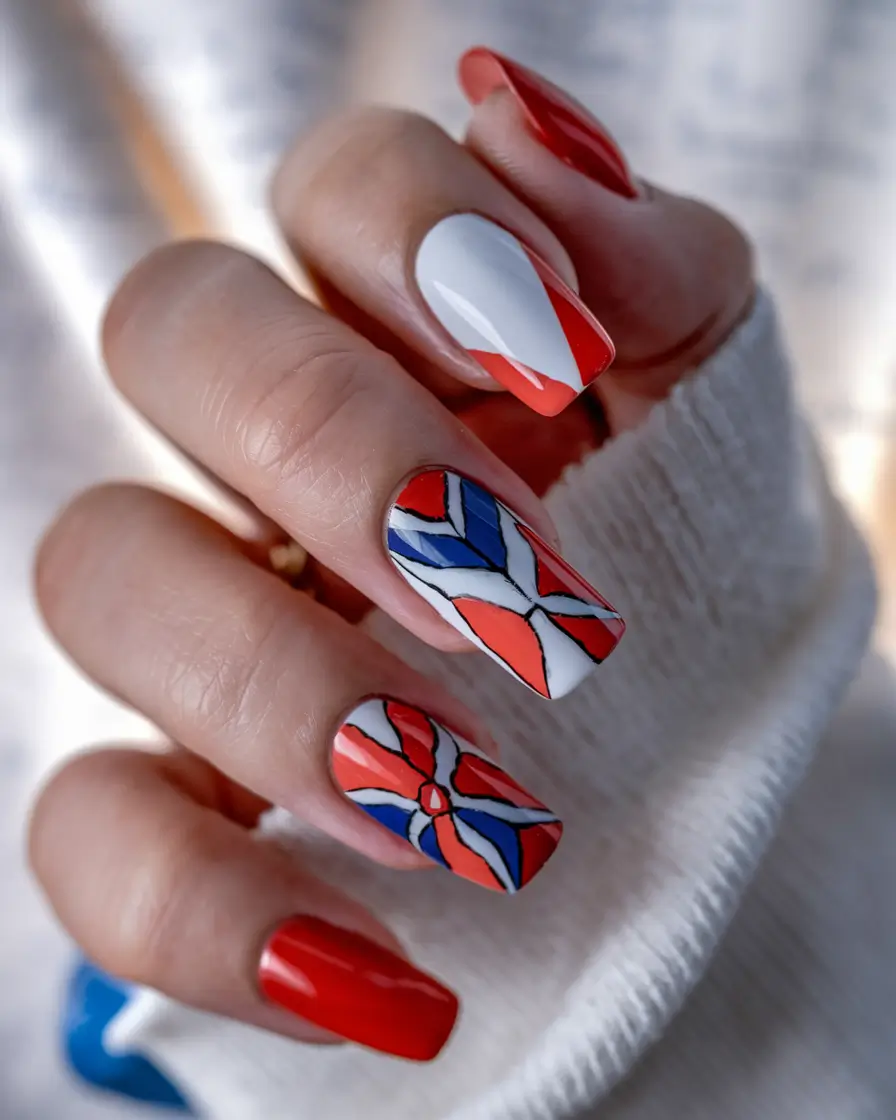 Trendy Early Fall Nails Ideas 2025 Red, White, and Blue Mosaic