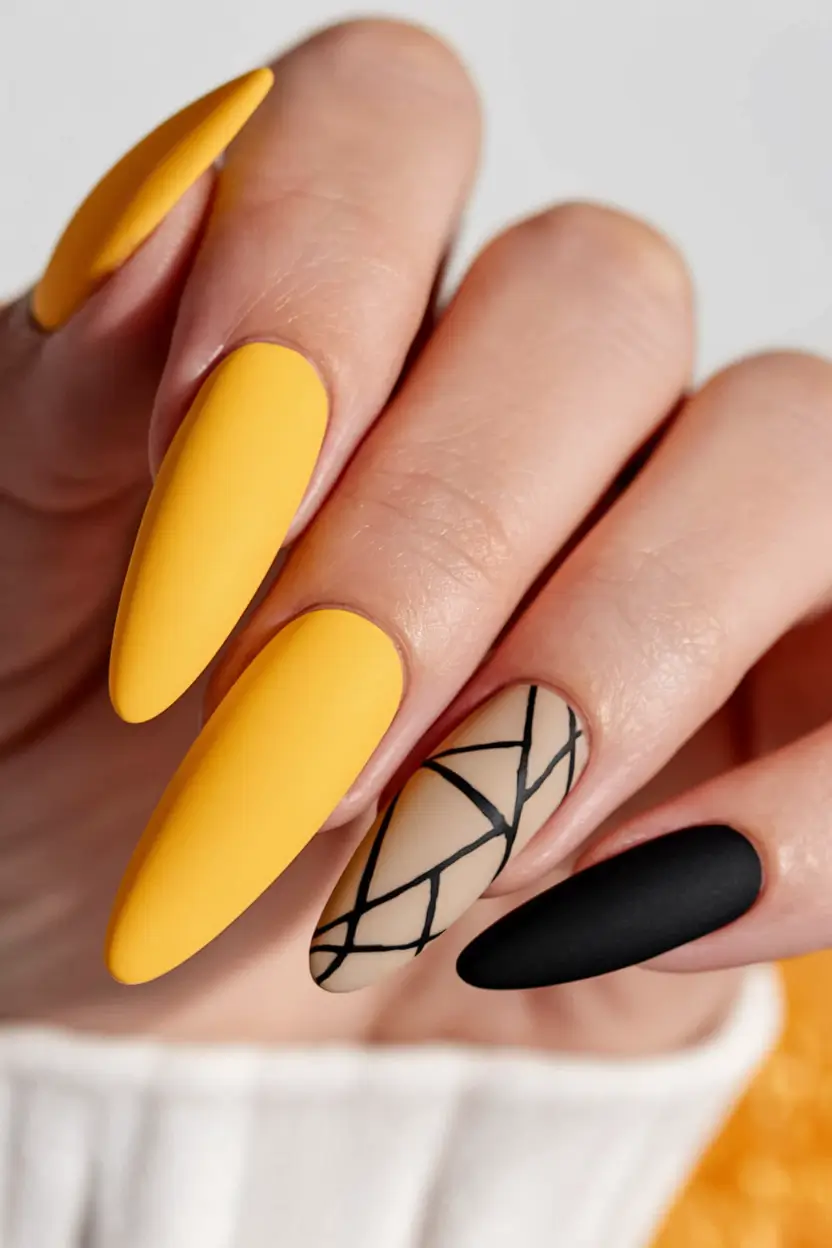 Trendy Early Fall Nails Ideas 2025 Matte Yellow with Black Geometry