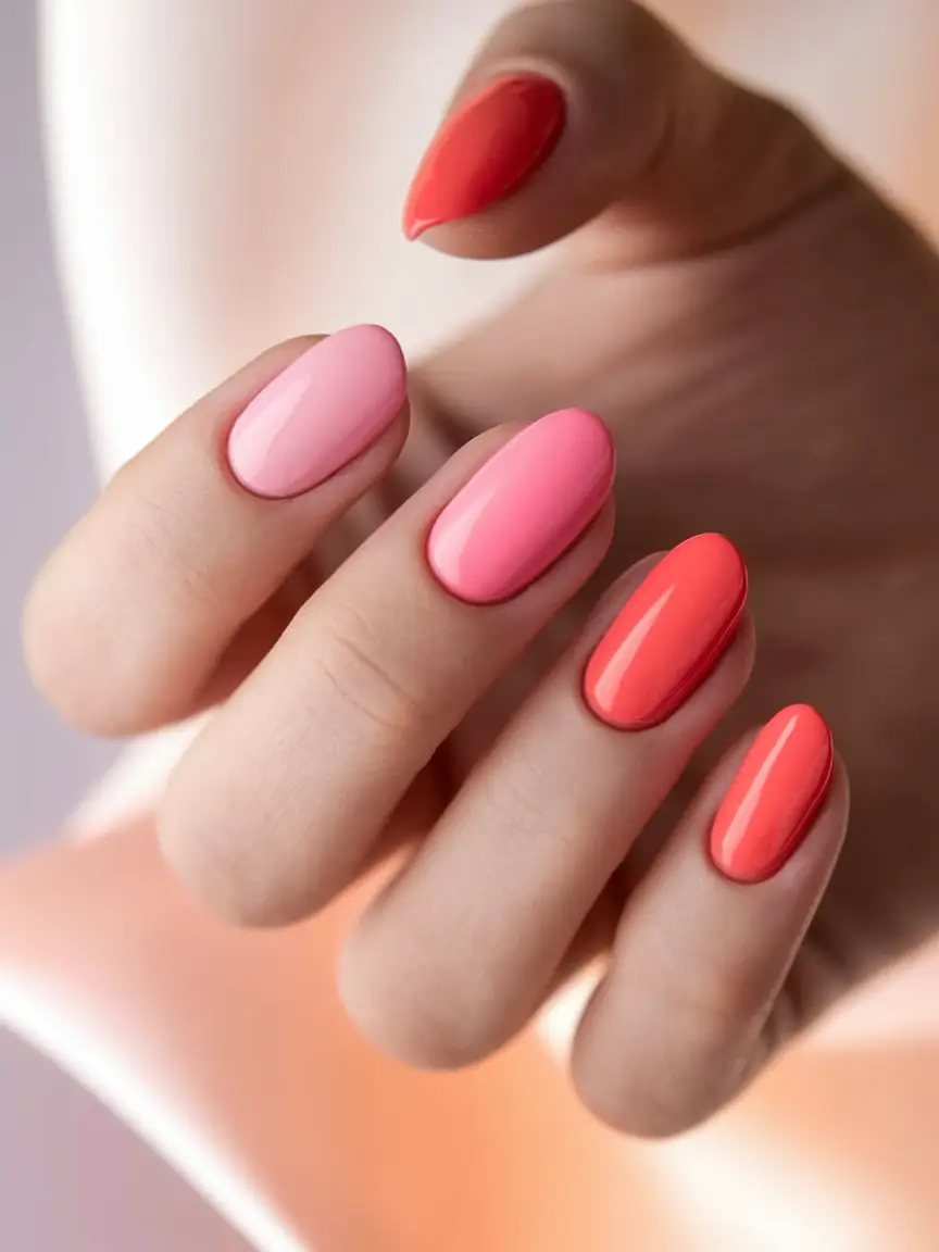 Trendy Early Fall Nails Ideas 2025 Pink and Coral Gradient Play