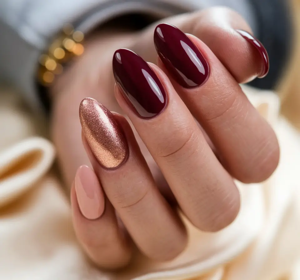 Trendy Early Fall Nails Ideas 2025 Burgundy with Rose Gold Accent