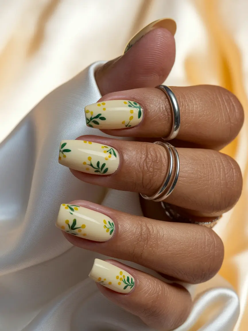 Trendy Early Fall Nails Ideas 2025 Delicate Floral on Pastel Yellow
