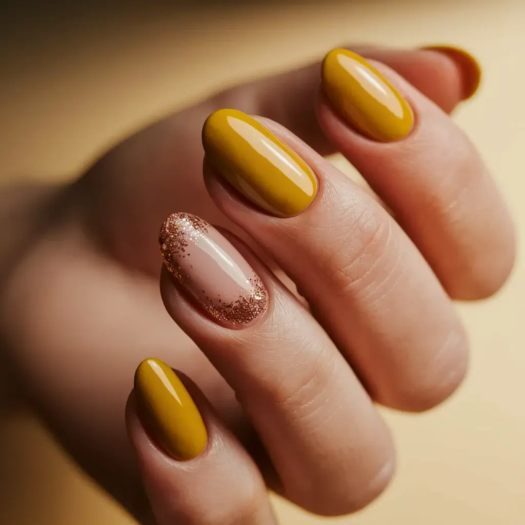 Trendy Early Fall Nails Ideas 2025 Mustard and Glitter Fade